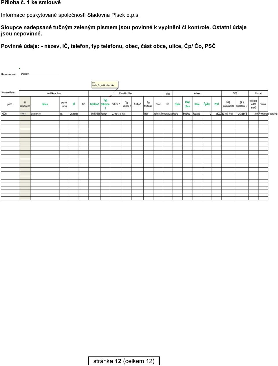 typ: telefon, fax, mobil, zelená linka Seznam členů: Identifikace firmy Kontaktní údaje Web Adresa GPS Činnost pozn.