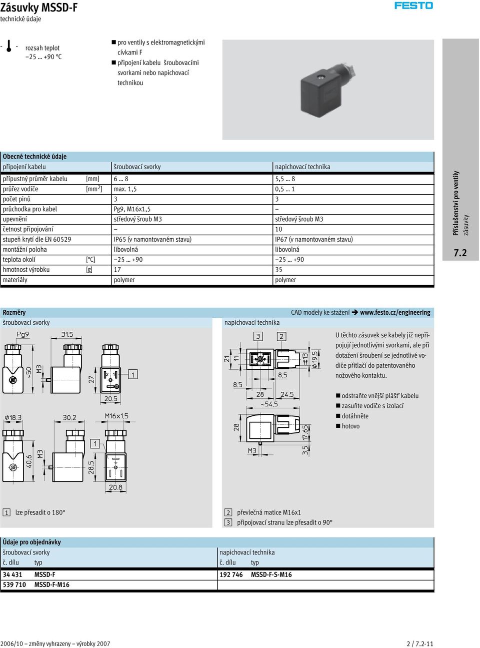 1,5 0,5 1 počet pinů 3 3 průchodka pro kabel Pg9, M16x1,5 upevnění středový šroub M3 středový šroub M3 četnost připojování 10 stupeň krytí dle EN 60529 IP65 (v namontovaném stavu) IP67 (v