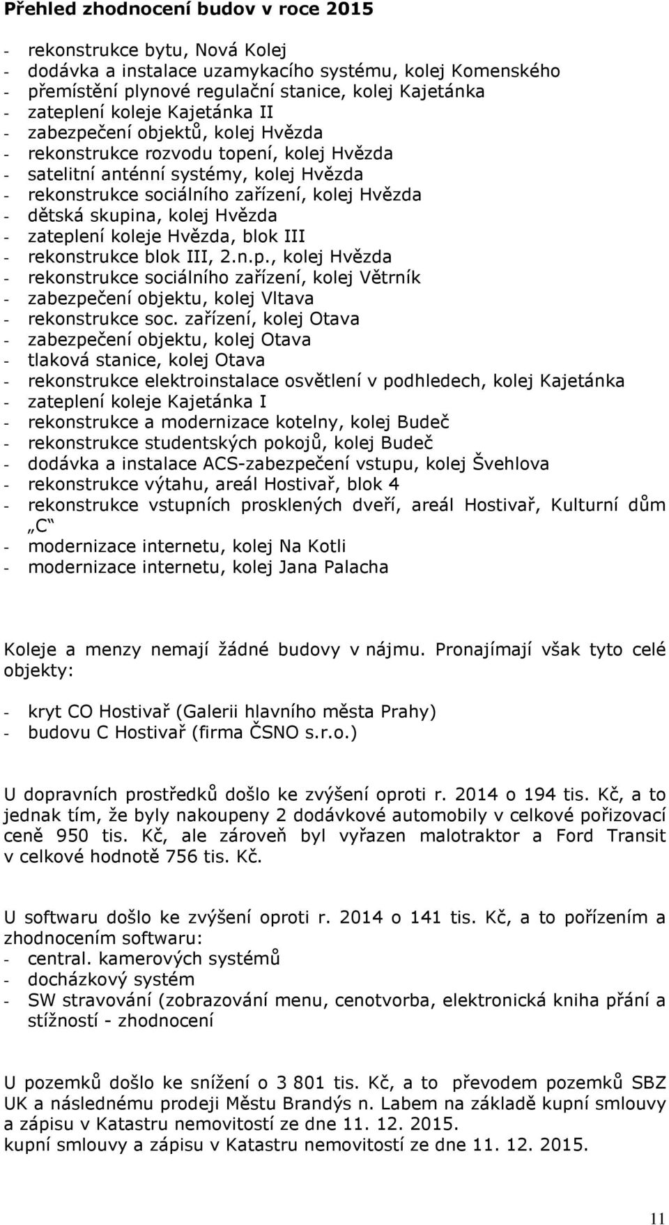 skupina, kolej Hvězda - zateplení koleje Hvězda, blok III - rekonstrukce blok III, 2.n.p., kolej Hvězda - rekonstrukce sociálního zařízení, kolej Větrník - zabezpečení objektu, kolej Vltava - rekonstrukce soc.