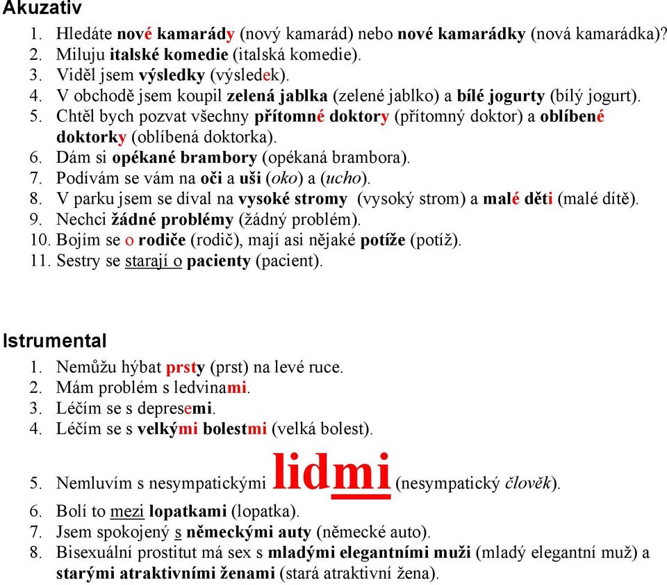 Dám si opékané brambory (opékaná brambora). 7. Podívám se vám na oči a uši (oko) a (ucho). 8. V parku jsem se díval na vysoké stromy (vysoký strom) a malé děti (malé dítě). 9.