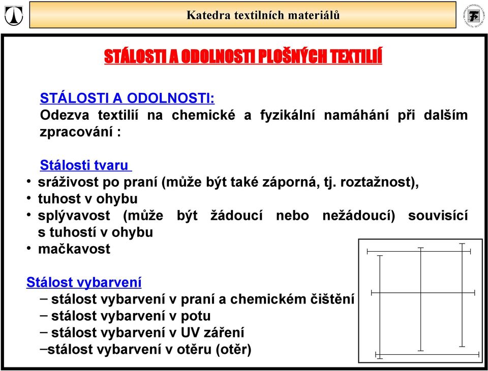 roztažnost), tuhost v ohybu splývavost (může být žádoucí nebo nežádoucí) souvisící s tuhostí v ohybu