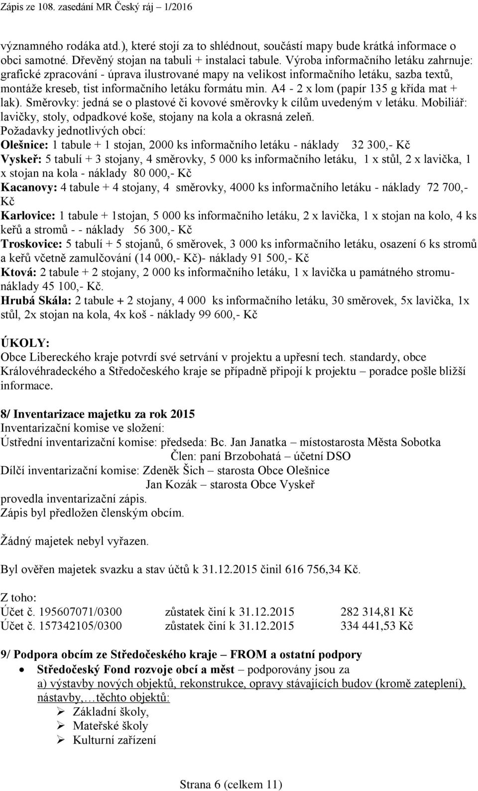 A4-2 x lom (papír 135 g křída mat + lak). Směrovky: jedná se o plastové či kovové směrovky k cílům uvedeným v letáku. Mobiliář: lavičky, stoly, odpadkové koše, stojany na kola a okrasná zeleň.