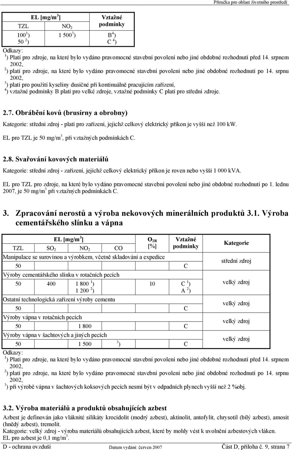 srpnu 3 ) platí pro použití kyseliny dusičné při kontinuálně pracujícím zařízení, 4 ) vztažné podmínky B platí pro velké zdroje, vztažné podmínky C platí pro střední zdroje. 2.7.