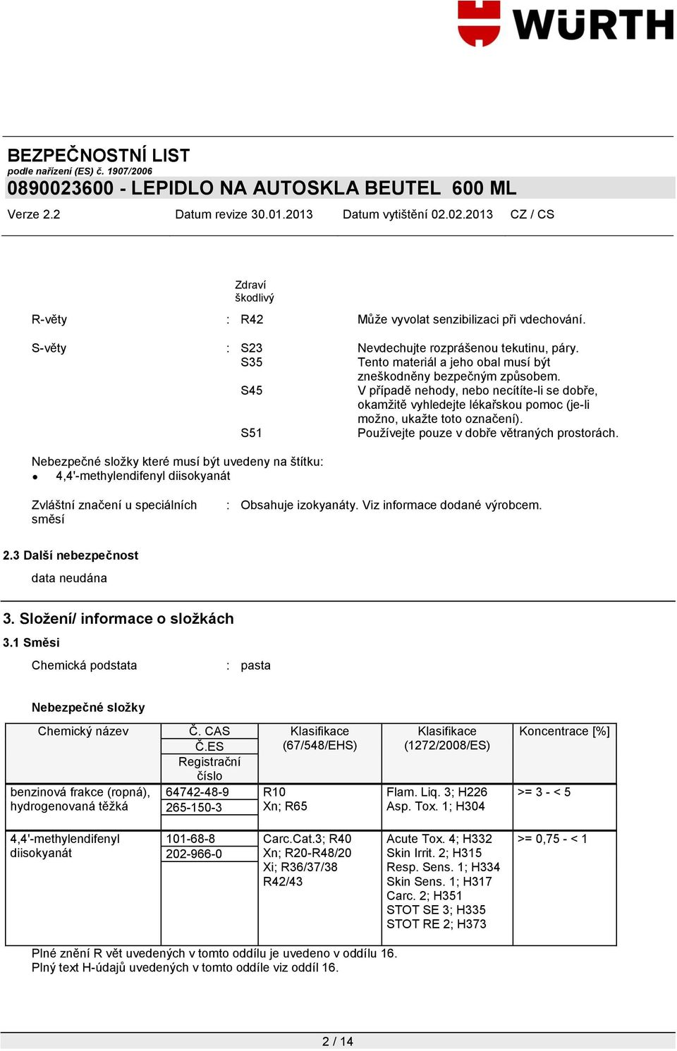 Nebezpečné složky které musí být uvedeny na štítku: Zvláštní značení u speciálních směsí : Obsahuje izokyanáty. Viz informace dodané výrobcem. 2.3 Další nebezpečnost 3.