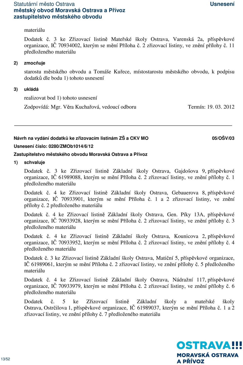 usnesení Zodpovídá: Mgr. Věra Kuchařová, vedoucí odboru Termín: 19. 03. 2012 Návrh na vydání dodatků ke zřizovacím listinám ZŠ a CKV MO číslo: 0280/ZMOb1014/6/12 1) schvaluje 05/OŠV/03 Dodatek č.