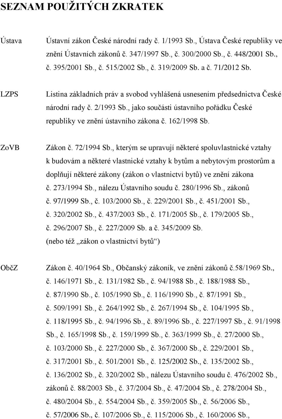 , jako součásti ústavního pořádku České republiky ve znění ústavního zákona č. 162/1998 Sb. ZoVB Zákon č. 72/1994 Sb.