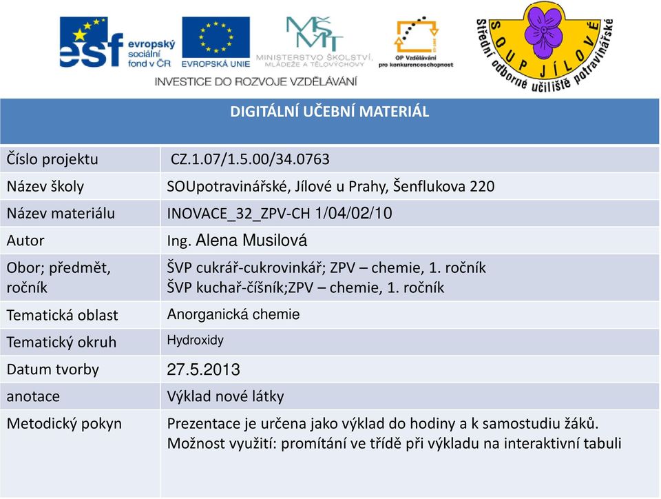 Tematická oblast Tematický okruh Ing. Alena Musilová ŠVP cukrář-cukrovinkář; ZPV chemie, 1. ročník ŠVP kuchař-číšník;zpv chemie, 1.