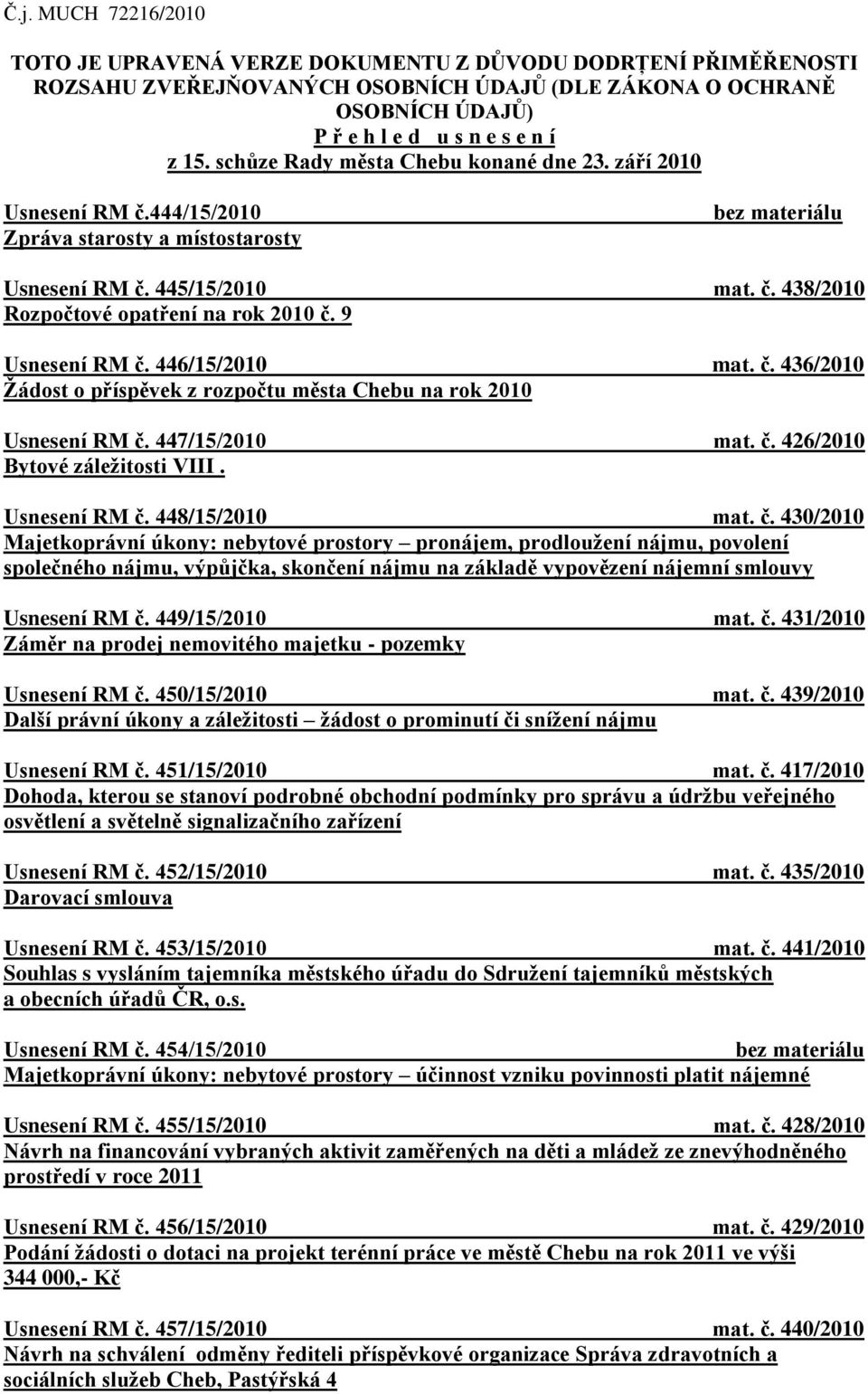 9 Usnesení RM č. 446/15/2010 mat. č. 436/2010 Žádost o příspěvek z rozpočtu města Chebu na rok 2010 Usnesení RM č. 447/15/2010 mat. č. 426/2010 Bytové záležitosti VIII. Usnesení RM č. 448/15/2010 mat.