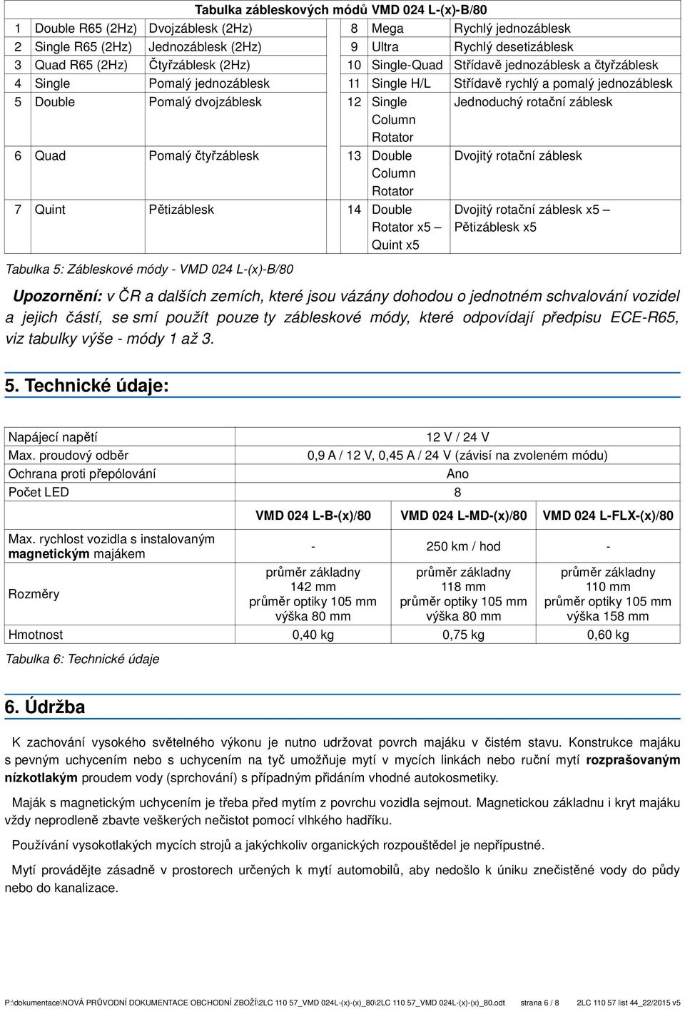 rotační záblesk Column Rotator 6 Quad Pomalý čtyřzáblesk 13 Double Column Rotator Dvojitý rotační záblesk 7 Quint Pětizáblesk 14 Double Rotator x5 Quint x5 Tabulka 5: Zábleskové módy - VMD 024