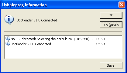 4.3 Oživení programátoru Do programátoru vložíme PIC18F2550. Nyní připojíme JDM programátor na konektor usbpicprog CON1 (VPP->VPP_S, VDD->VDD, RB7->PGD_S, RB6->PGC_S a VSS->VSS).