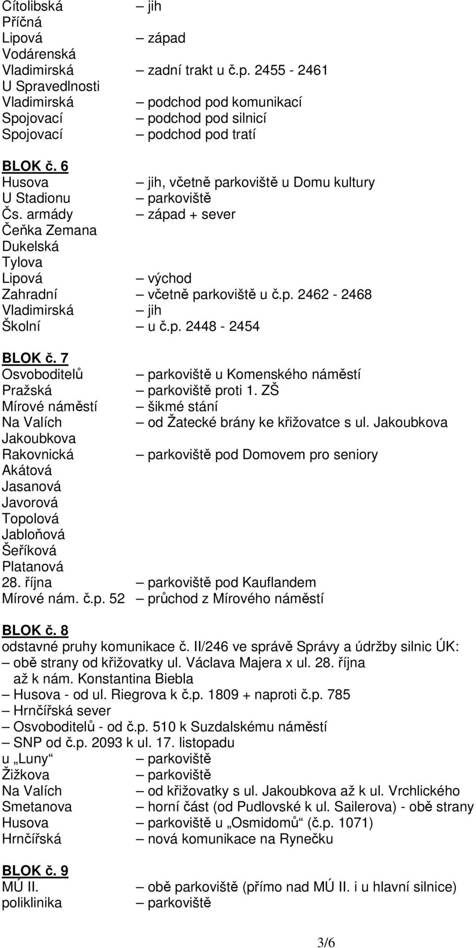 p. 2448-2454 BLOK č. 7 Osvoboditelů parkoviště u Komenského náměstí Pražská parkoviště proti 1. ZŠ Mírové náměstí šikmé stání Na Valích od Žatecké brány ke křižovatce s ul.