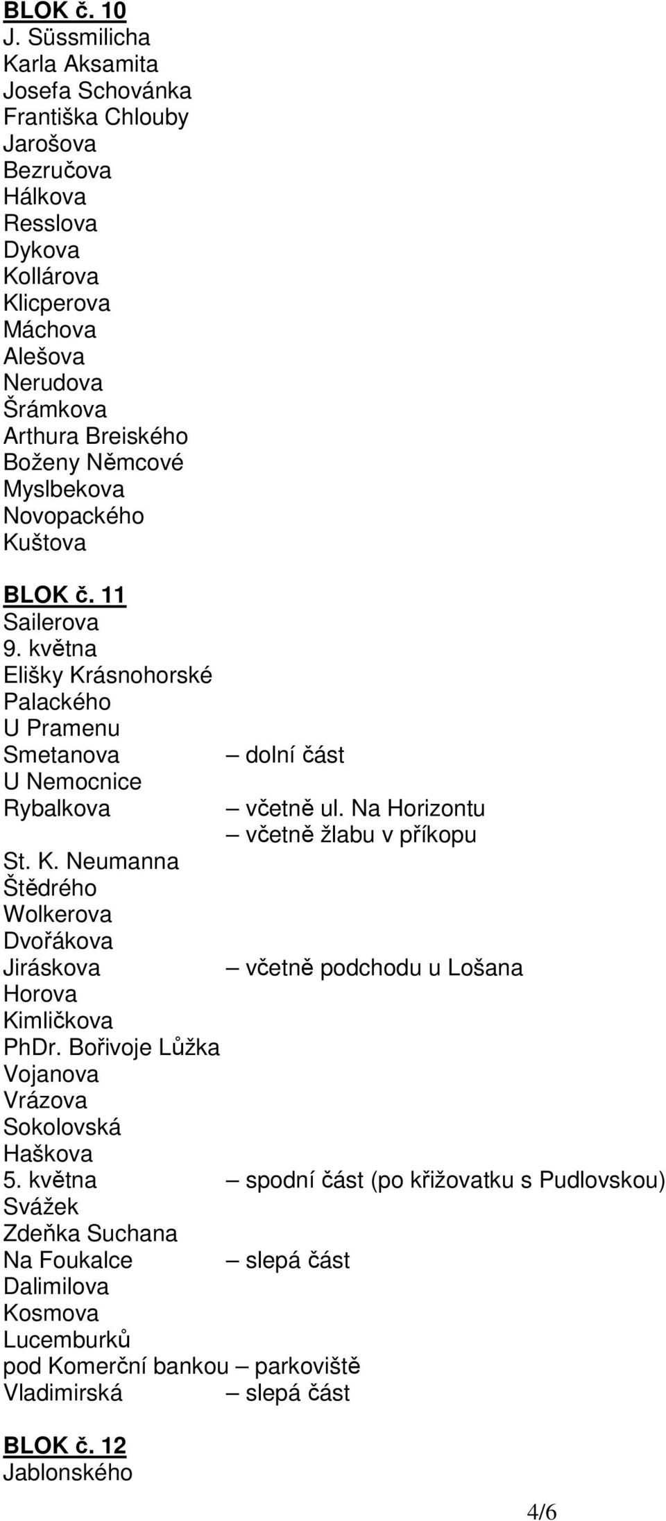 Němcové Myslbekova Novopackého Kuštova BLOK č. 11 Sailerova 9. května Elišky Krásnohorské Palackého U Pramenu Smetanova U Nemocnice Rybalkova St. K. Neumanna Štědrého Wolkerova Dvořákova Jiráskova dolní část včetně ul.