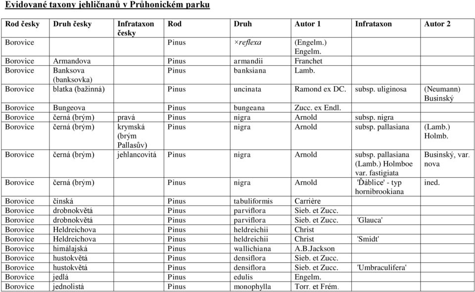 uliginosa (Neumann) Businský Borovice Bungeova Pinus bungeana Zucc. ex Endl. Borovice černá (brým) pravá Pinus nigra Arnold subsp.