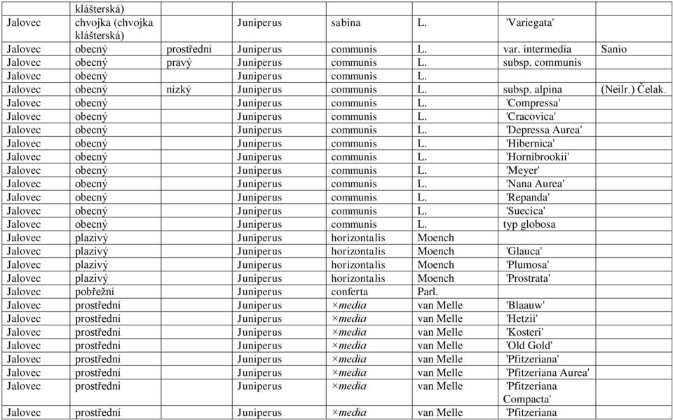 'Cracovica' Jalovec obecný Juniperus communis L. 'Depressa Aurea' Jalovec obecný Juniperus communis L. 'Hibernica' Jalovec obecný Juniperus communis L.