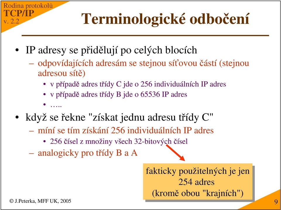 . když se ekne "získat jednu adresu tídy C" míní se tím získání 256 individuálních IP adres 256 ísel z množiny všech