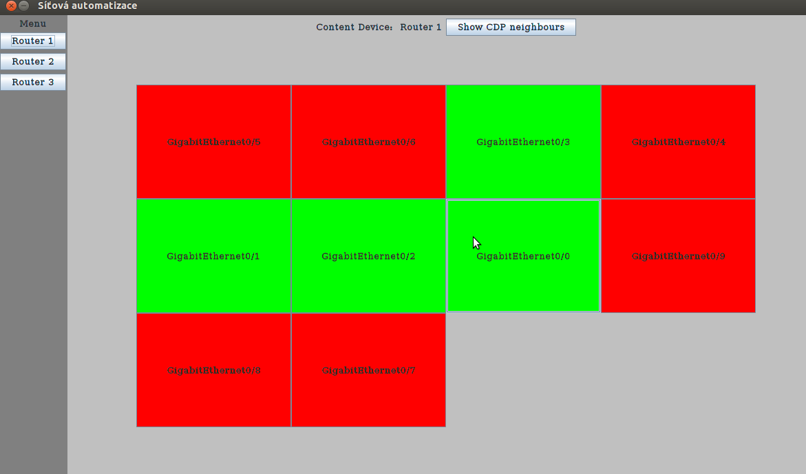 se bude tato práce zabývat níže, zobrazuje pomocí barev aktuální stav daného rozhraní (zelená -> zapnuto, červená -> vypnuto).