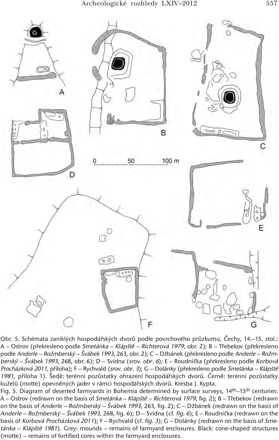 obr. 3); G Dolánky (překresleno podle Smetánka Klápště 1981, příloha 1). Šedě: terénní pozůstatky ohrazení hospodářských dvorů.