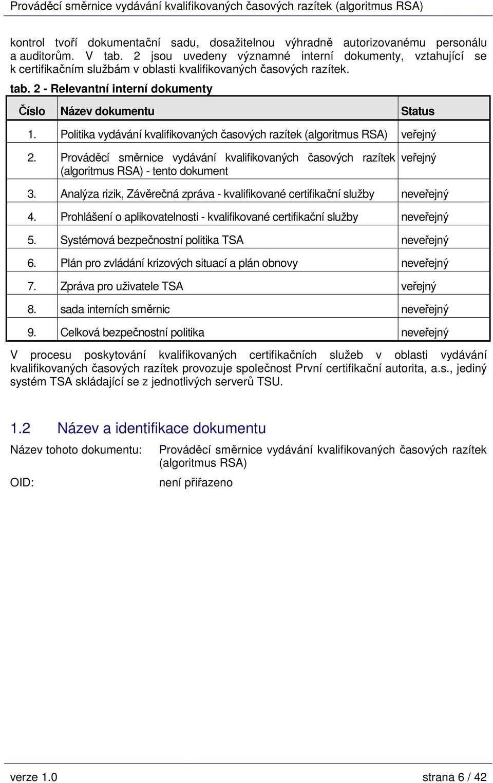 Politika vydávání kvalifikovaných časových razítek (algoritmus RSA) veřejný 2. Prováděcí směrnice vydávání kvalifikovaných časových razítek (algoritmus RSA) - tento dokument veřejný 3.