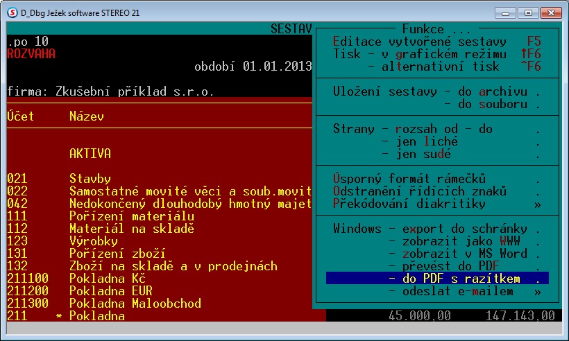 Volba převede sestavu Sterea do formátu PDF a podle