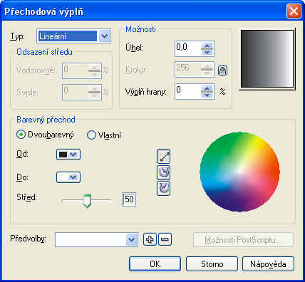 DUM05- strana 4 lineární: přechod bude měnit barvu jen v jednom směru radiální: mění barvu v soustředných kružnicích od zadaného středu (např.