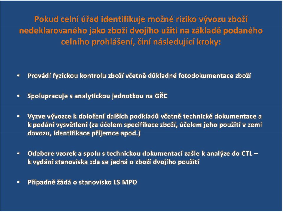 podkladů včetně technické dokumentace a kpodání vysvětlení (za účelem specifikace zboží, účelem jeho použití v zemi dovozu, identifikace příjemce apod.