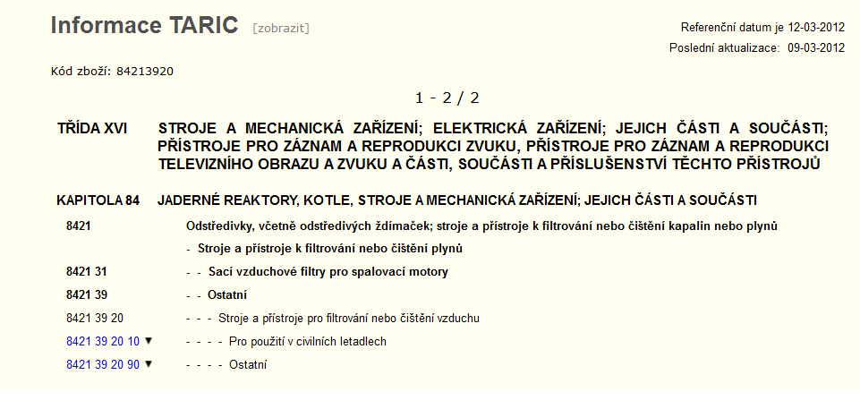 jemnější třídění na podpoložky kombinované nomenklatury, které jsou určeny sedmým a osmým místem v číselném kódu 10. Společný celní sazebník je vnější sazebník uplatňovaný na výrobky dovážené do EU.