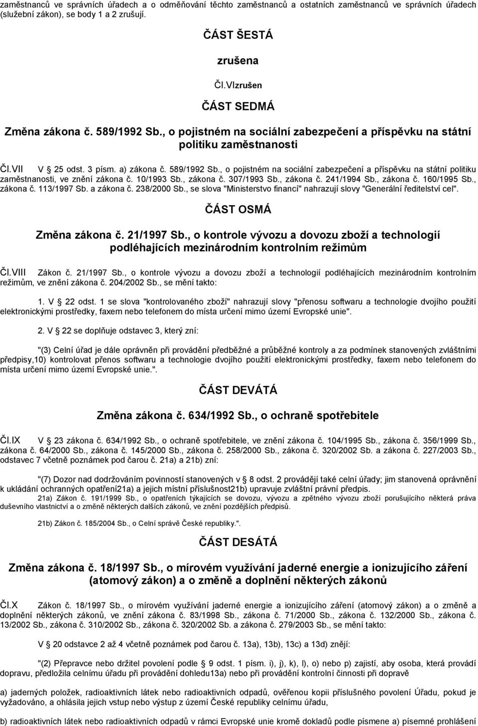 10/1993 Sb., zákona č. 307/1993 Sb., zákona č. 241/1994 Sb., zákona č. 160/1995 Sb., zákona č. 113/1997 Sb. a zákona č. 238/2000 Sb.