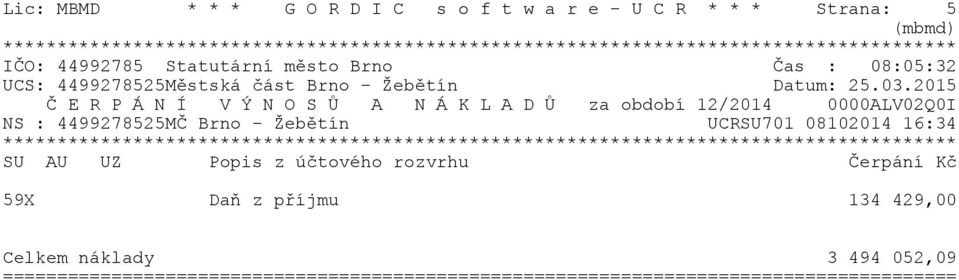 příjmu 134 429,00 Celkem náklady 3 494 052,09