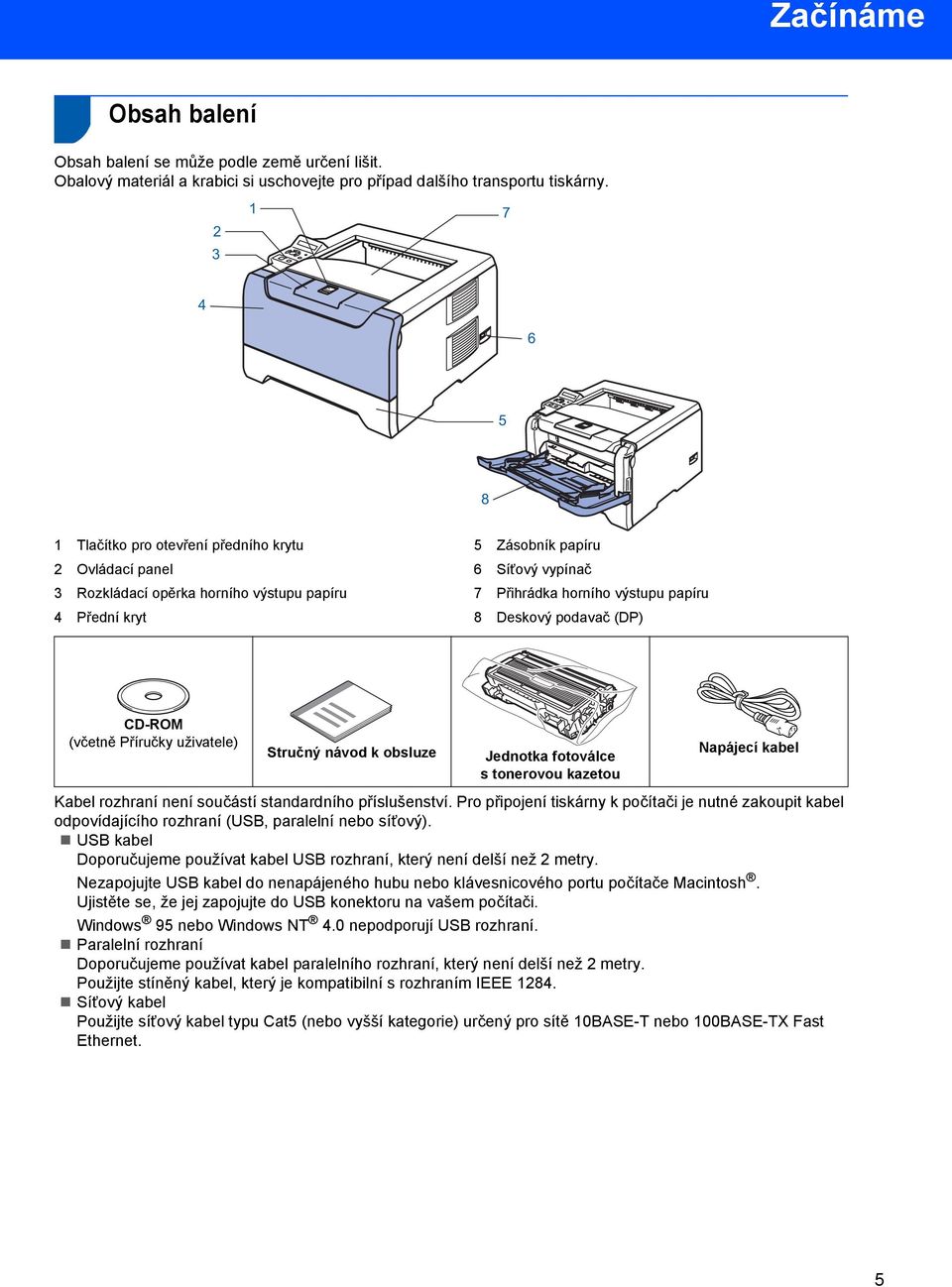 8 Deskový podavač (DP) CD-ROM (včetně Příručky uživatele) Stručný návod k obsluze Jednotka fotoválce s tonerovou kazetou Napájecí kabel Kabel rozhraní není součástí standardního příslušenství.