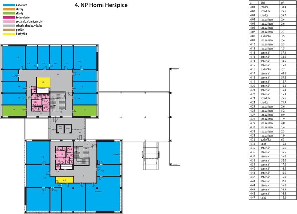 19 kancelář 15,7 4.20 kancelář 16,4 4.21 kancelář 16,4 4.22 kancelář 15,3 4.23 schodiště 25,6 4.24 chodba 71,9 4.25 soc. zařízení 2,6 4.26 soc. zařízení 5,2 4.27 soc. zařízení 0,9 4.28 soc.
