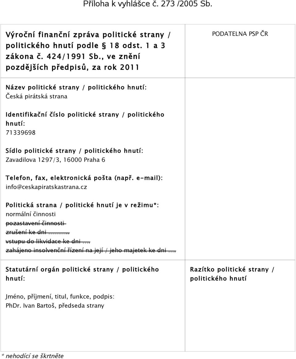 politické strany / politického hnutí: Zavadilova 1297/3, 16000 Praha 6 Telefon, fax, elektronická pošta ( např. e-mail): info@ceskapiratskastrana.