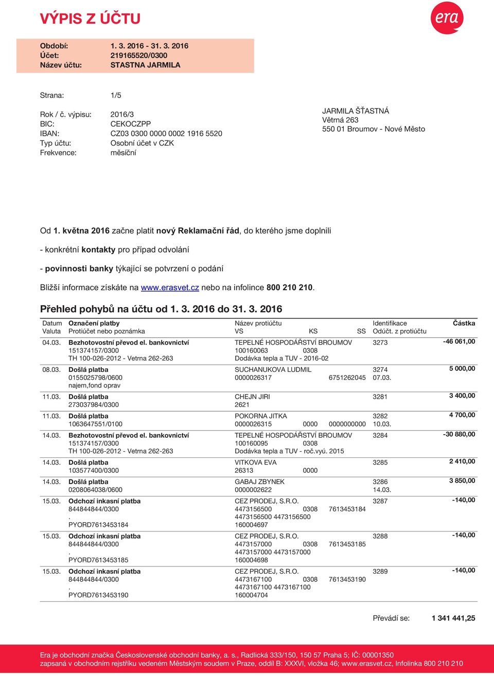 informace získáte na wwwerasvetcz nebo na infolince 800 210 210 X Přehled pohybů na účtu od 1 3 2016 do 31 3 2016 Datum Valuta Označení platby Protiúčet nebo poznámka Název protiúčtu VS KS SS 0403