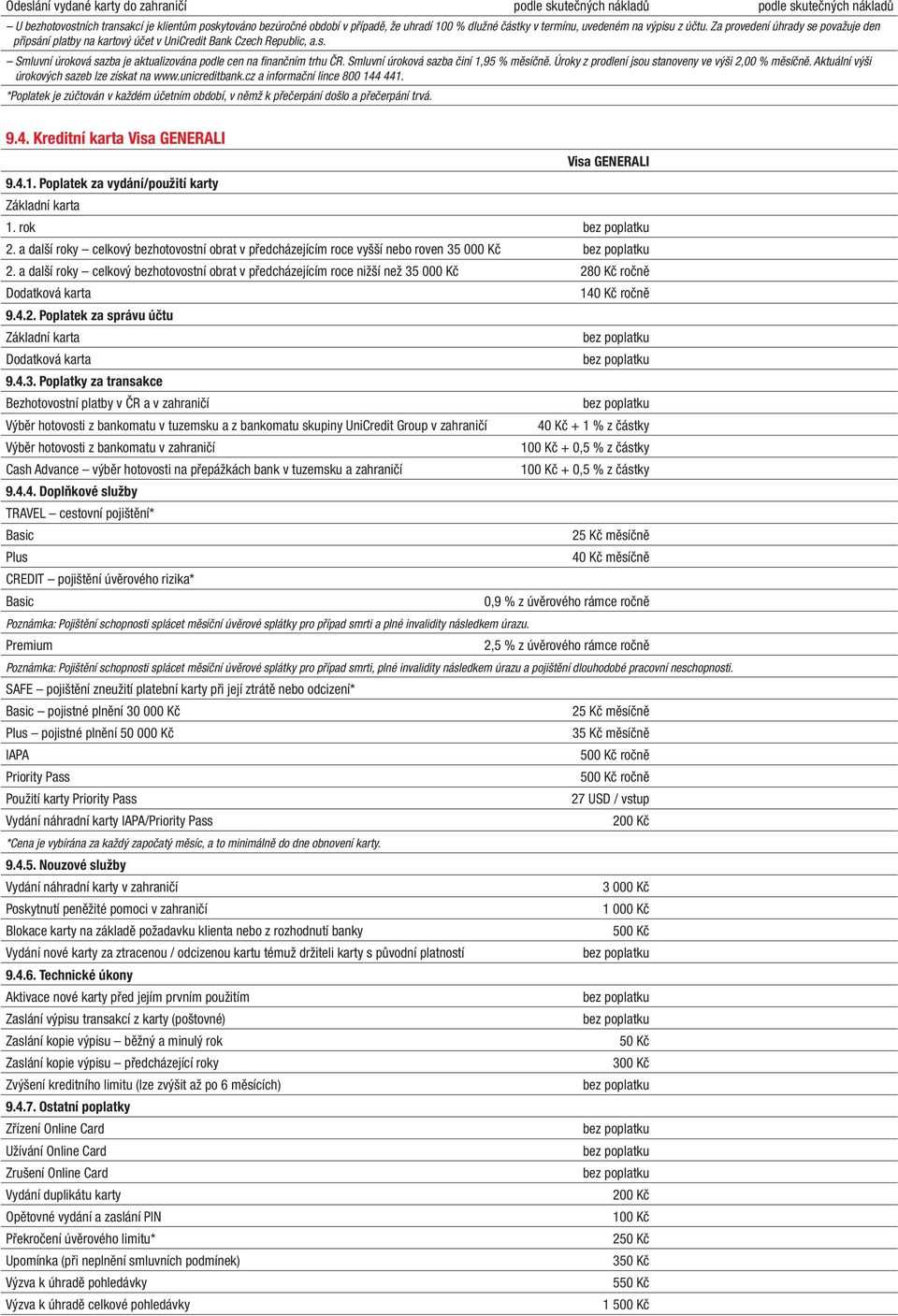 Smluvní úroková sazba činí 1,95 % měsíčně. Úroky z prodlení jsou stanoveny ve výši 2,00 % měsíčně. Aktuální výši úrokových sazeb lze získat na www.unicreditbank.cz a informační lince 800 144 441.