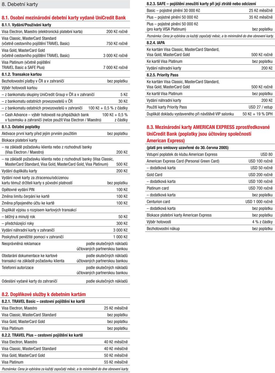 1. Vydání/Používání karty Visa Electron, Maestro (elektronická platební karta) ročně Visa Classic, MasterCard Standard (včetně cestovního pojištění TRAVEL Basic) 750 Kč ročně Visa Gold, MasterCard