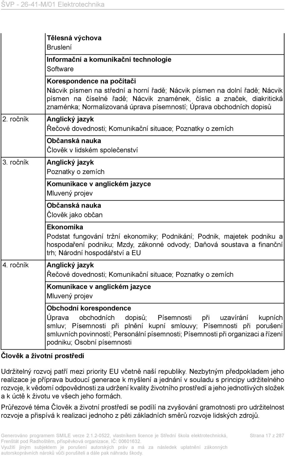 ročník Anglický jazyk Řečové dovednosti; Komunikační situace; Poznatky o zemích Občanská nauka Člověk v lidském společenství 3.