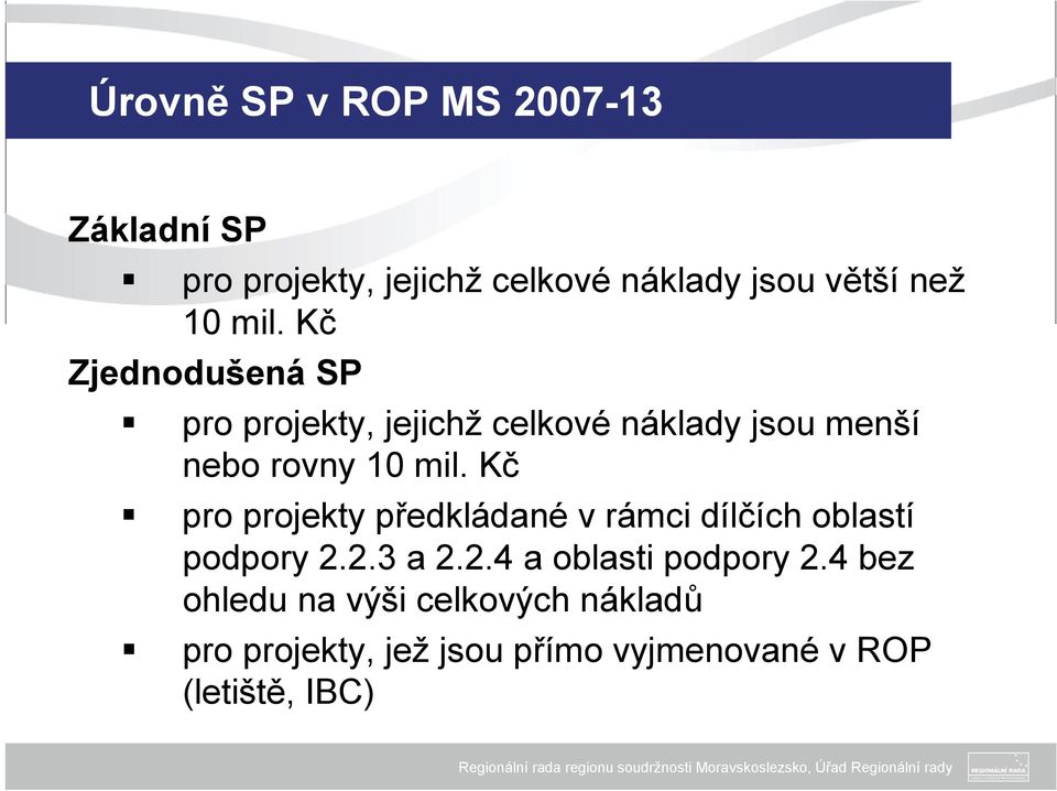 Kč pro projekty předkládané v rámci dílčích oblastí podpory 2.2.3 a 2.2.4 a oblasti podpory 2.