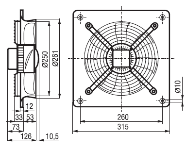 spočtený průtok vzduchu volím axiální ventilátor HXBR/4 250 IP54 na obr. 8.