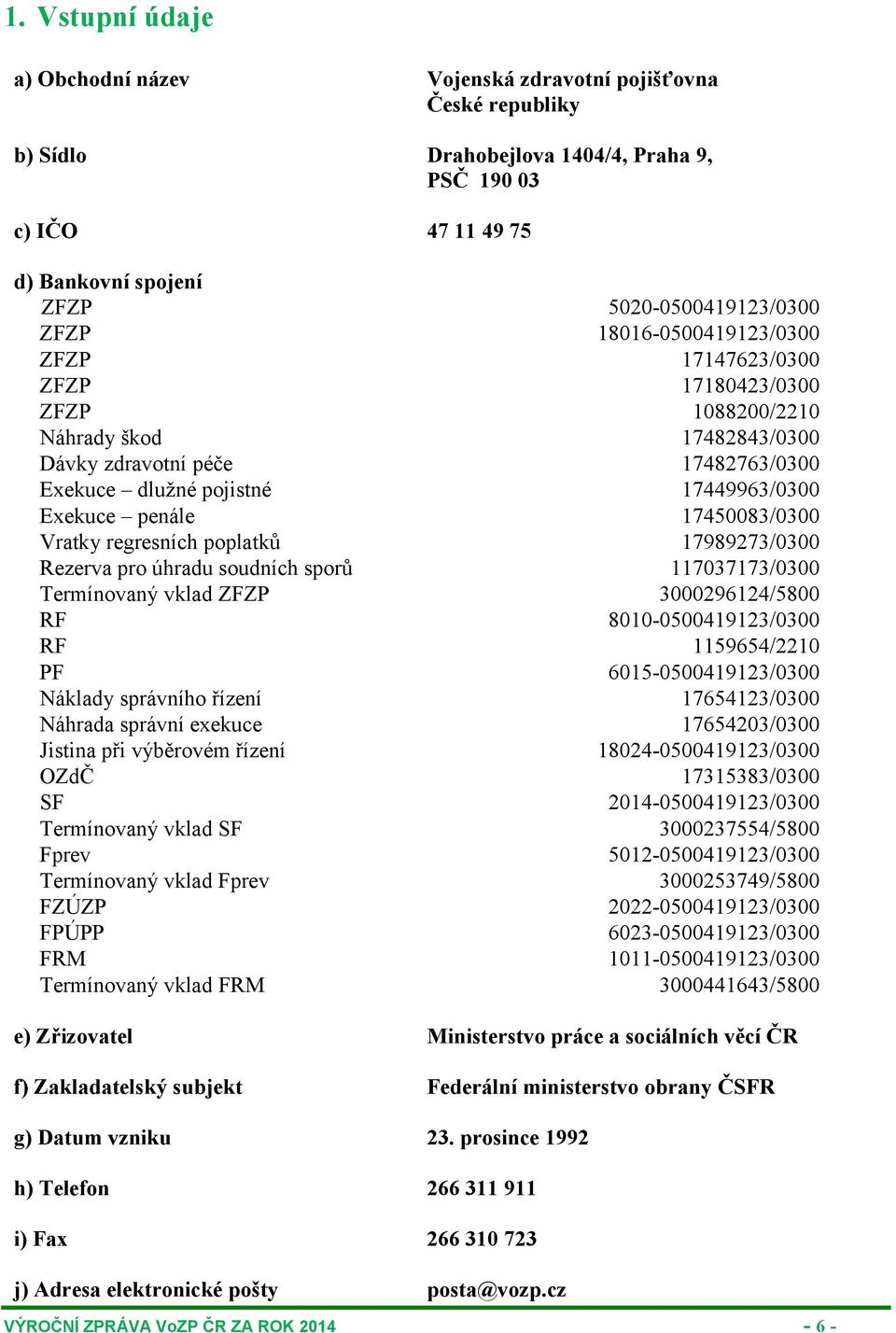 17450083/0300 Vratky regresních poplatků 17989273/0300 Rezerva pro úhradu soudních sporů 117037173/0300 Termínovaný vklad ZFZP 3000296124/5800 RF 8010-0500419123/0300 RF 1159654/2210 PF