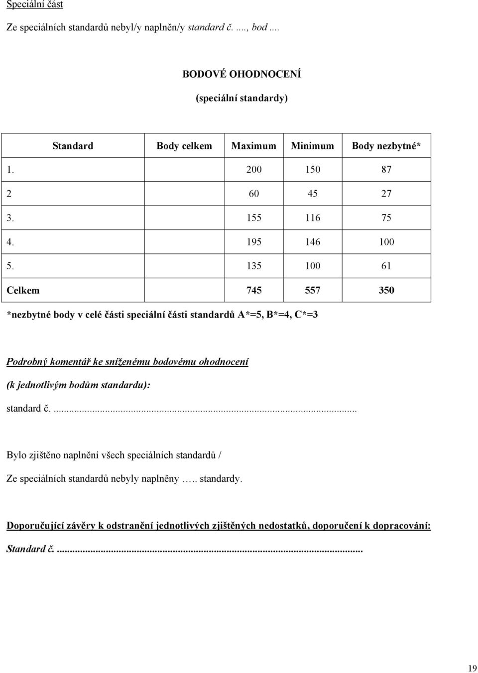 135 100 61 Celkem 745 557 350 *nezbytné body v celé části speciální části standardů A*=5, B*=4, C*=3 Podrobný komentář ke sníženému bodovému ohodnocení (k