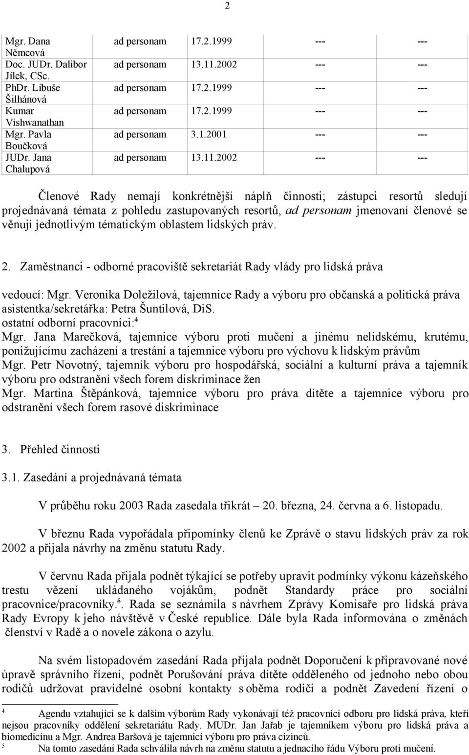 2002 --- --- Členové Rady nemají konkrétnější náplň činnosti; zástupci resortů sledují projednávaná témata z pohledu zastupovaných resortů, ad personam jmenovaní členové se věnují jednotlivým