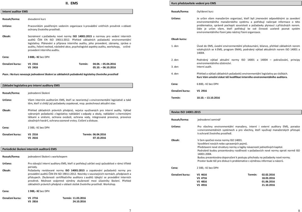 Plánování a příprava interního auditu, jeho provedení, záznamy, zpráva o auditu, řešení neshod, následné akce, psychologické aspekty auditu, workshopy, cvičné provedení interního auditu.