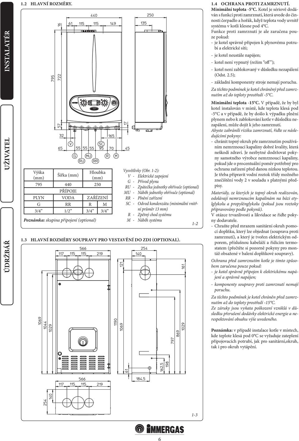 13 mm) R - Zpětný chod systému M - Náběh systému 1-2 1.3 HLAVNÍ ROZMĚRY SOUPRAVY PRO VESTAVĚNÍ DO ZDI (OPTIONAL). 1.4 OCHRANA PROTI ZAMRZNUTÍ. Minimální teplota -5 C.