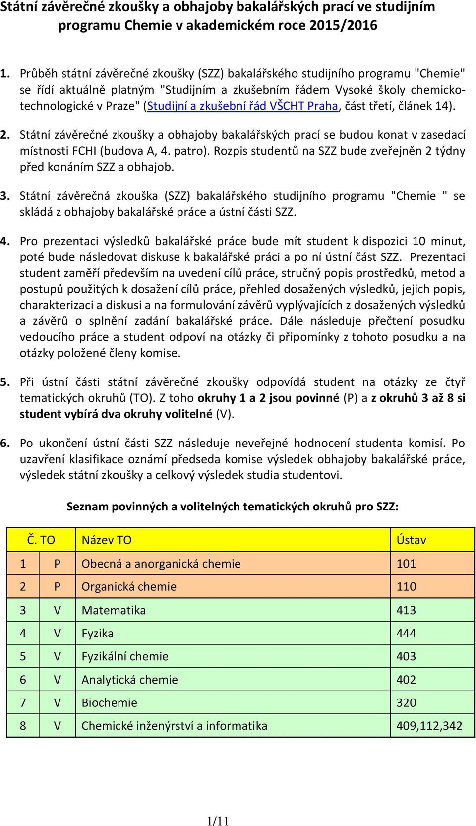 řád VŠCHT Praha, část třetí, článek 14). 2. Státní závěrečné zkoušky a obhajoby bakalářských prací se budou konat v zasedací místnosti FCHI (budova A, 4. patro).