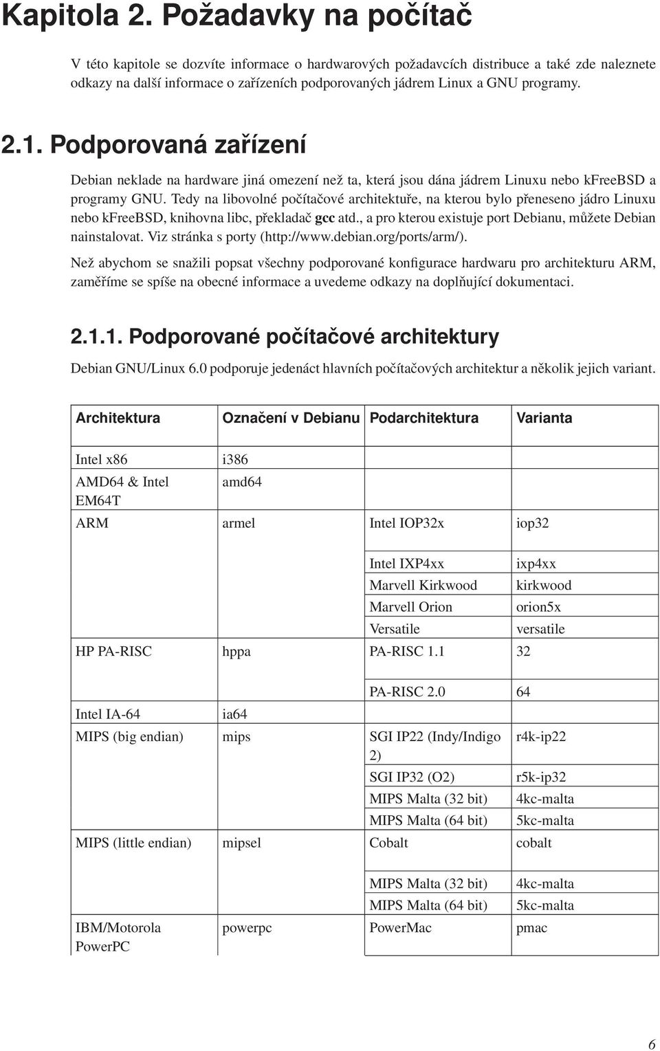 2.1. Podporovaná zařízení Debian neklade na hardware jiná omezení než ta, která jsou dána jádrem Linuxu nebo kfreebsd a programy GNU.