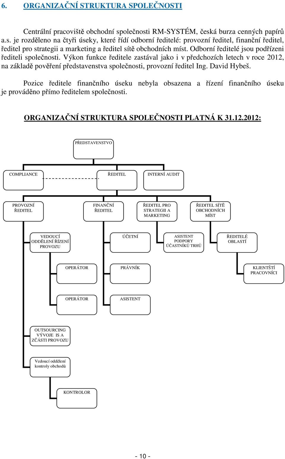 Odborní ředitelé jsou podřízeni řediteli společnosti. Výkon funkce ředitele zastával jako i v předchozích letech v roce 2012, na základě pověření představenstva společnosti, provozní ředitel Ing.