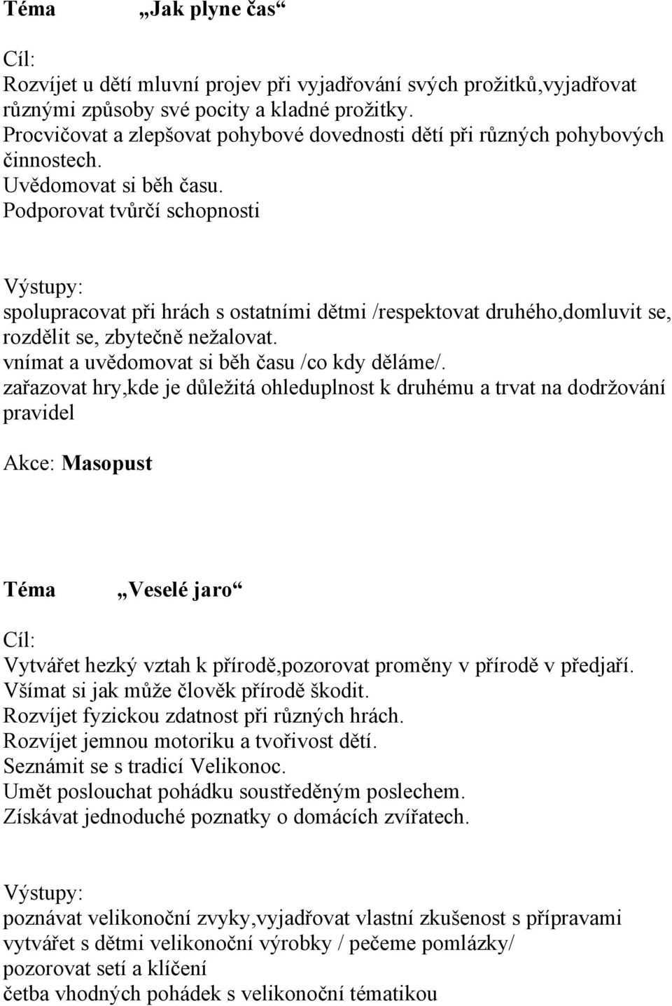 Podporovat tvůrčí schopnosti spolupracovat při hrách s ostatními dětmi /respektovat druhého,domluvit se, rozdělit se, zbytečně nežalovat. vnímat a uvědomovat si běh času /co kdy děláme/.