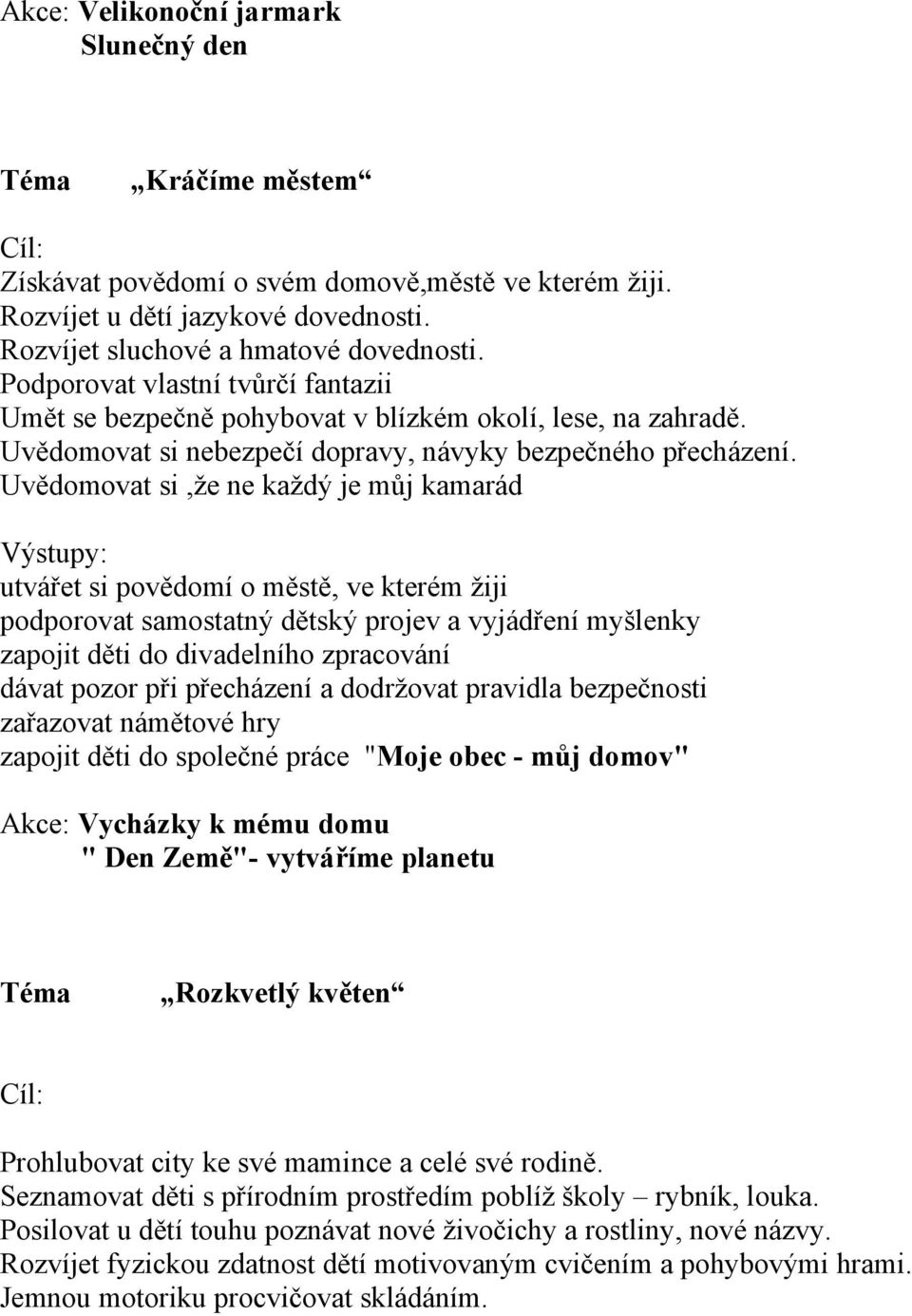 Uvědomovat si,že ne každý je můj kamarád utvářet si povědomí o městě, ve kterém žiji podporovat samostatný dětský projev a vyjádření myšlenky zapojit děti do divadelního zpracování dávat pozor při