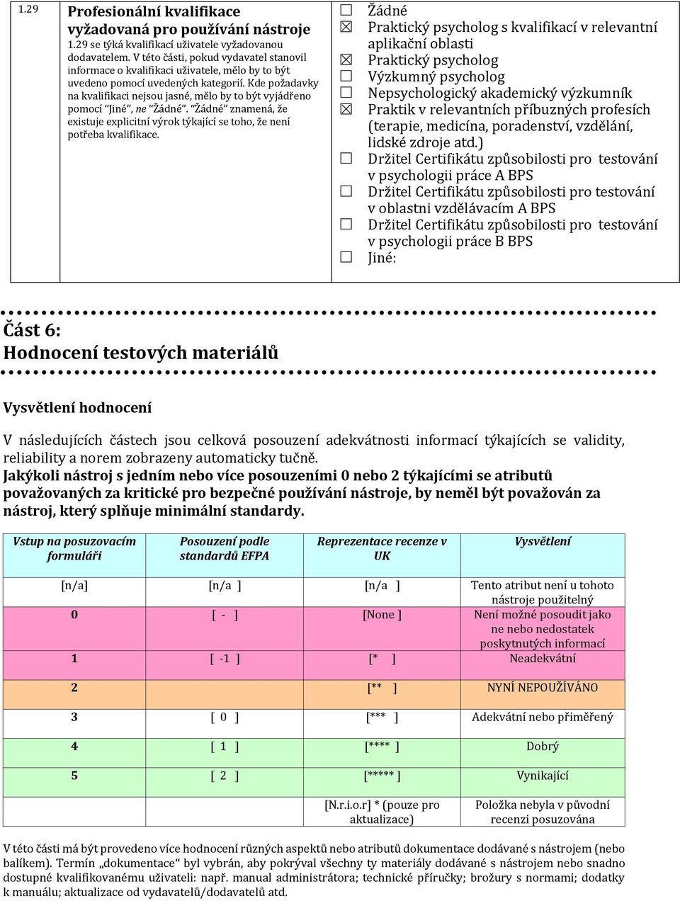 Kde požadavky na kvalifikaci nejsou jasné, mělo by to být vyjádřeno pomocí Jiné, ne Žádné. Žádné znamená, že existuje explicitní výrok týkající se toho, že není potřeba kvalifikace.