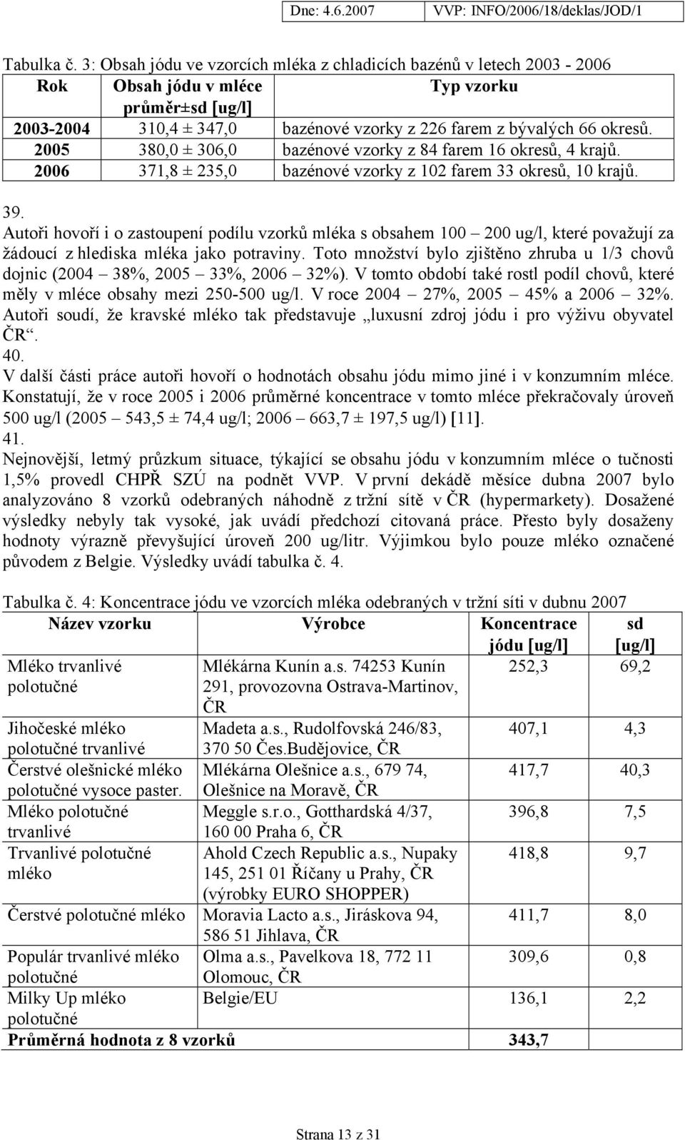 2005 380,0 ± 306,0 bazénové vzorky z 84 farem 16 okresů, 4 krajů. 2006 371,8 ± 235,0 bazénové vzorky z 102 farem 33 okresů, 10 krajů. 39.