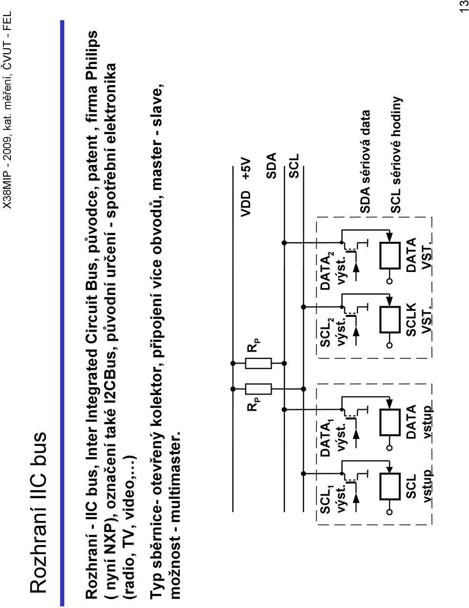 kolektor, připojení více obvodů, master - slave, možnost - multimaster. R P R P VDD +5V SDA SCL SCL 1 výst.